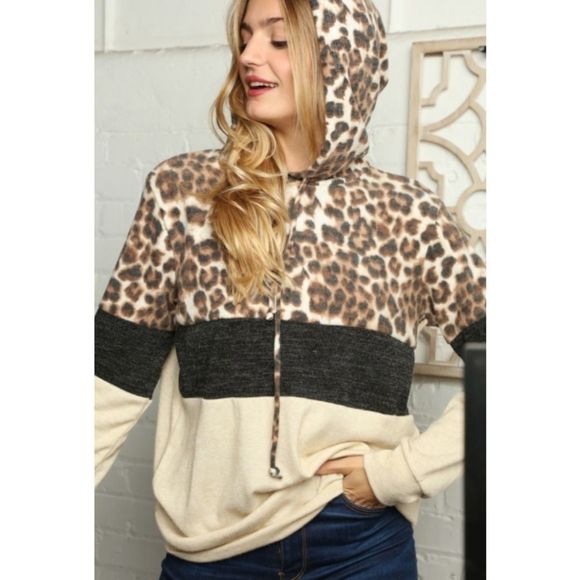Cream Animal Print Color Block Hoodie - Picture 2 of 3